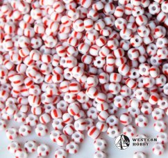 Bílé korálky s červenými pruhy - 50ks